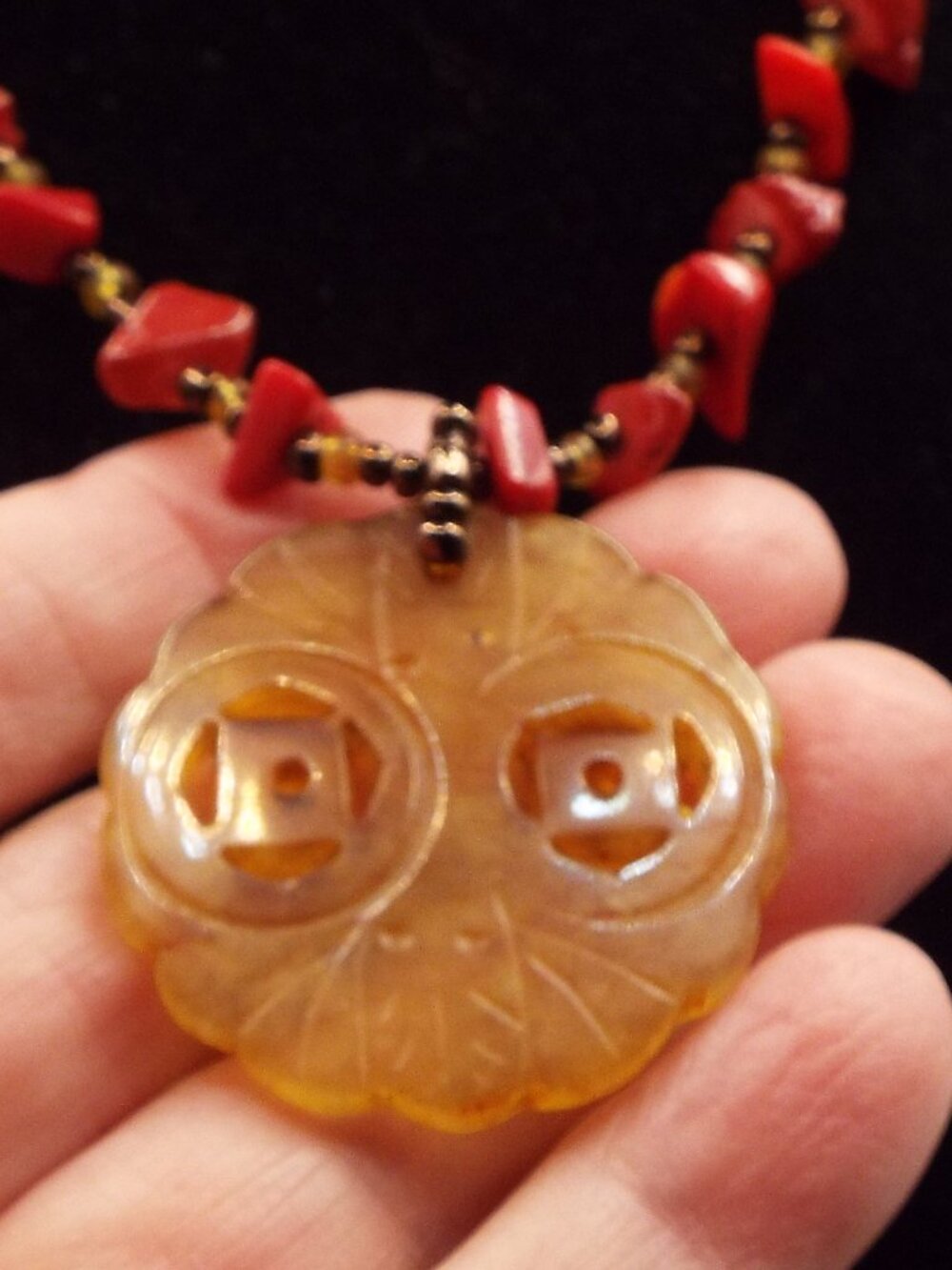 CHINESE RED CORAL & YELLOW JADE BEADS -CARVED YELLOW JADE MEDALLION NECKLACE 56